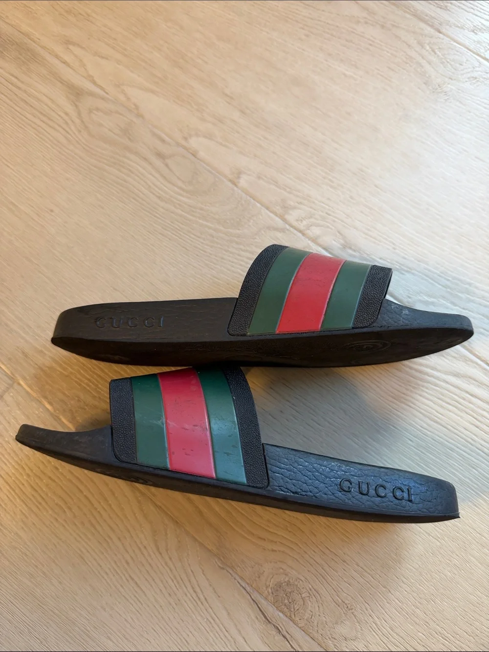Gucci Black Slides with Green and Red Striped Strap